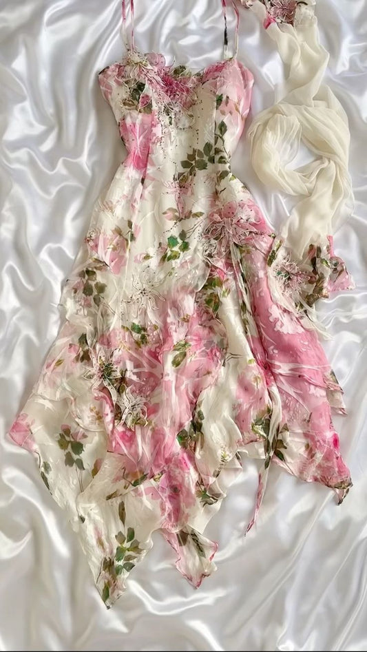 Sexy Pink A-line Printed Strap Chiffon Short Prom Gown Party Dress TP2177