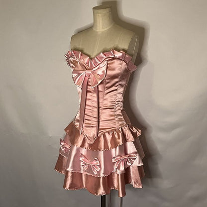 Sweet Pink Two Piece Satin Strapless Sweetheart Neck Mini Birthday Party Dress Prom Dress TP2180