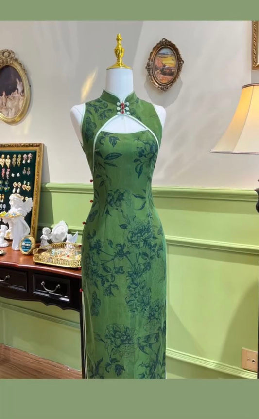 Elegant Green Mermaid Sleeveless Slit Hollow Ball Gown Evening Dress TP2182