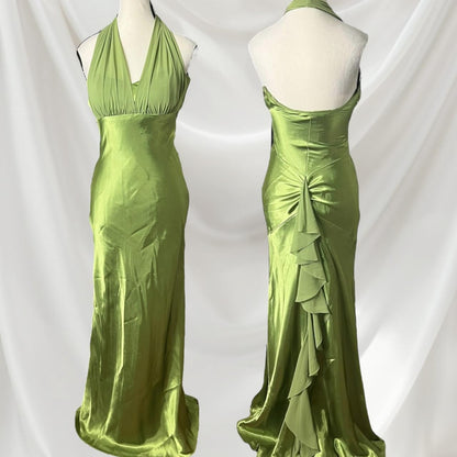 Sexy Green Halter Neck Low Cut Satin Mermaid Formal Prom Dress Evening Gown TP2183