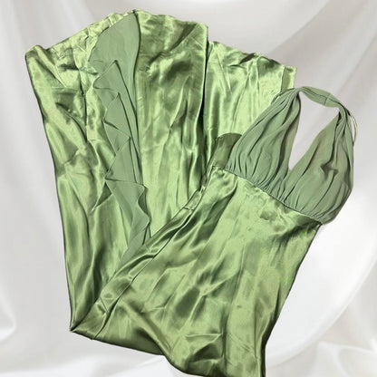 Sexy Green Halter Neck Low Cut Satin Mermaid Formal Prom Dress Evening Gown TP2183