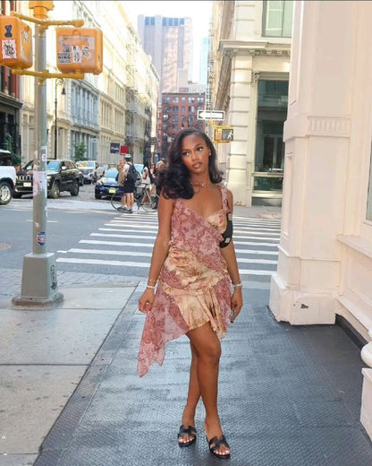 Vintage-Inspired Boho Pink Paisley Print Asymmetric Ruched Sleeveless Mini Party Dress Homecoming Dress TP2188