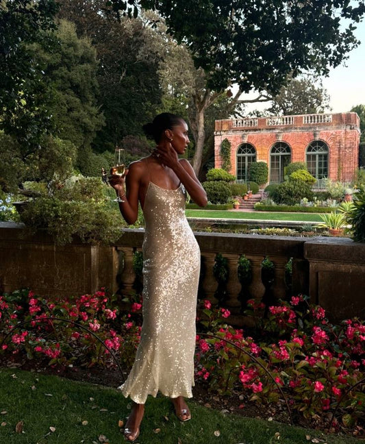 Simple Champagne Strap Sequin Mermaid Backless Ball Gown Evening Dress TP2190