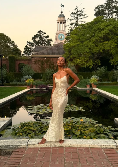 Simple Champagne Strap Sequin Mermaid Backless Ball Gown Evening Dress TP2190