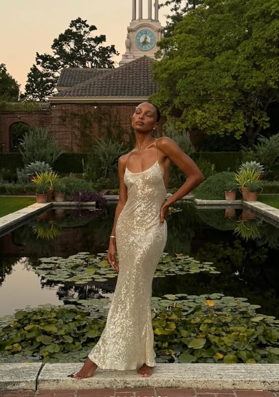 Simple Champagne Strap Sequin Mermaid Backless Ball Gown Evening Dress TP2190