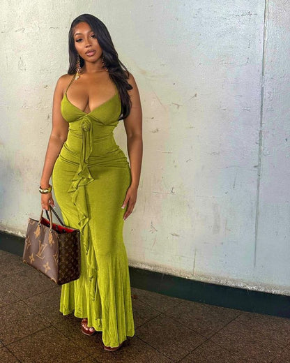 Sexy Green Strap Deep V Neck Backless Mermaid Ball Gown TP2191
