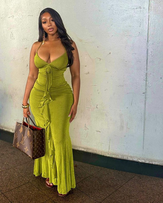 Sexy Green Strap Deep V Neck Backless Mermaid Ball Gown TP2191