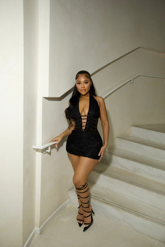 Sexy Black Halter Neck Deep V Neck Mini Party Dress Prom Dress TP2192