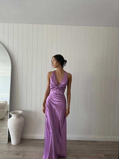 Elegant Lilac Halter Dress V-neck Sleeveless Satin Formal Dress Prom Dress Evening Dress TP2195