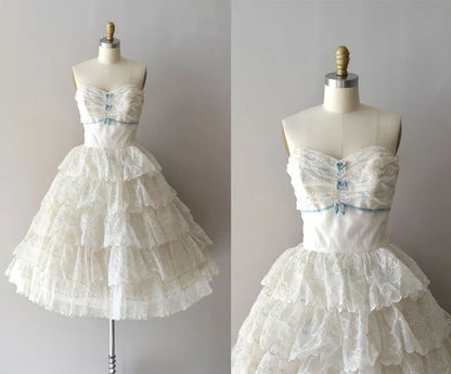 Vintage White Strapless Ruffle Lace Short Birthday Party Dress Prom Dress TP2196