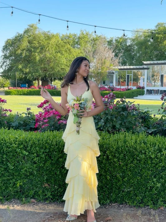 Simple Yellow A-line Strap V-neck Chiffon Layered Ball Gown Evening Dress TP2198