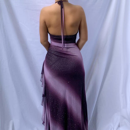 Retro Gradient Purple Halter Neck Deep V Neck Mermaid Ball Gown Evening Dress TP2199