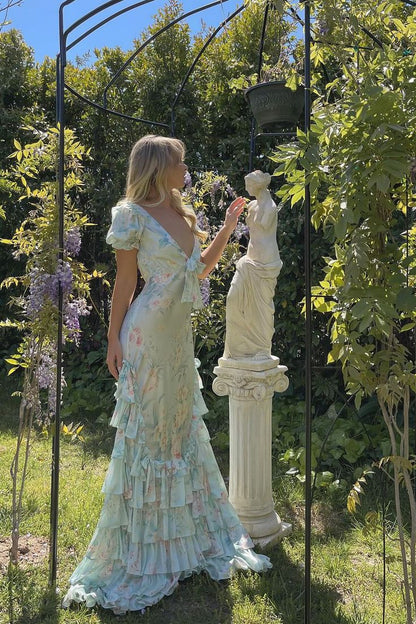 Elegant Blue Printed V-Neck Short Sleeve Ruffle Satin Ball Gown Evening Dress TP2201