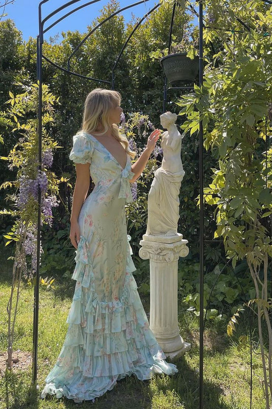 Elegant Blue Printed V-Neck Short Sleeve Ruffle Satin Ball Gown Evening Dress TP2201