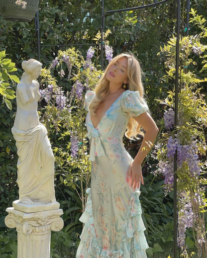 Elegant Blue Printed V-Neck Short Sleeve Ruffle Satin Ball Gown Evening Dress TP2201