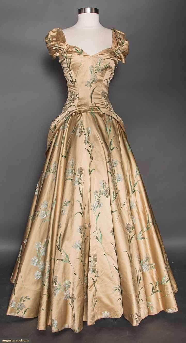 Vintage Champagne A-line Printed Sleeveless Satin Ball Gown Evening Dress TP2203