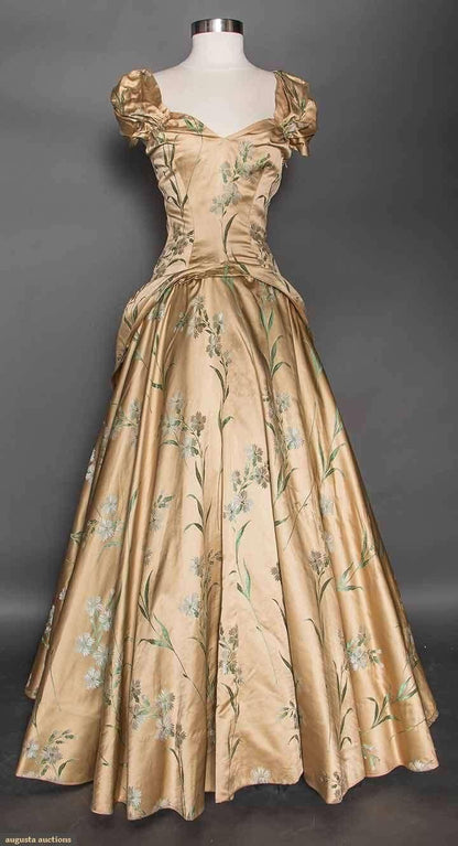 Vintage Champagne A-line Printed Sleeveless Satin Ball Gown Evening Dress TP2203