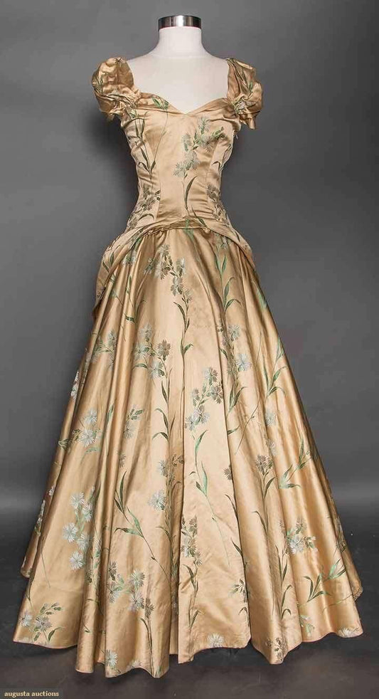 Vintage Champagne A-line Printed Sleeveless Satin Ball Gown Evening Dress TP2203