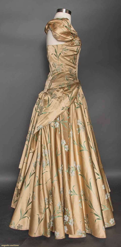 Vintage Champagne A-line Printed Sleeveless Satin Ball Gown Evening Dress TP2203