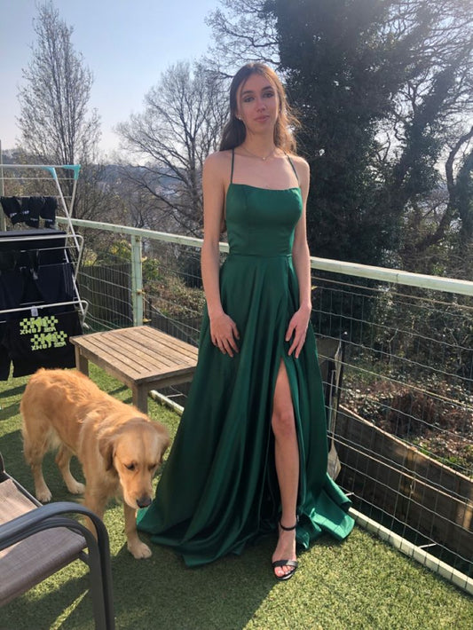 Green halter neck off-shoulder slit satin floor-length simple ball gown evening dress TP2207