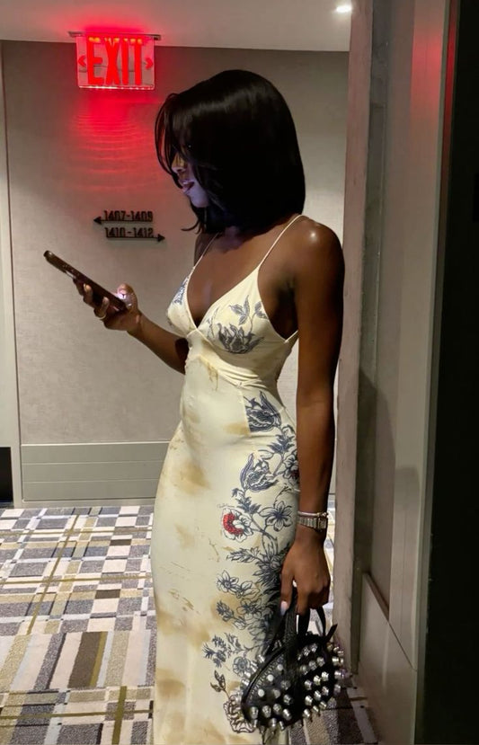 Sexy Light Yellow Spaghetti Strap V Neck Printed Mermaid Ball Gown Evening Dress TP2208