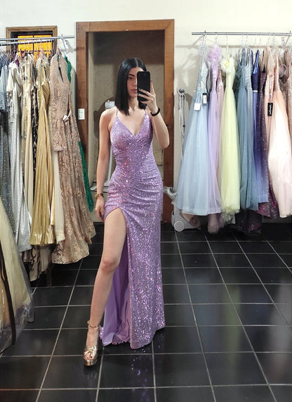 Charming Purple Spaghetti Strap Sequin Slit Formal Prom Dress Evening Gown TP2209