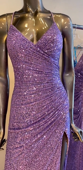 Charming Purple Spaghetti Strap Sequin Slit Formal Prom Dress Evening Gown TP2209