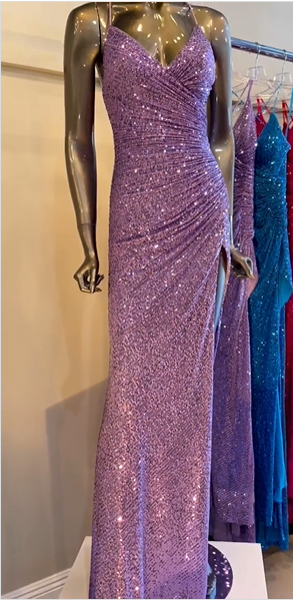 Charming Purple Spaghetti Strap Sequin Slit Formal Prom Dress Evening Gown TP2209