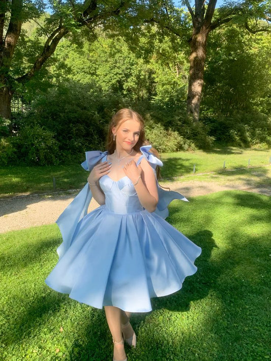 Sweet Blue A-line Strap Sleeveless Satin Bow Mini Party Dress Homecoming Dress TP2230