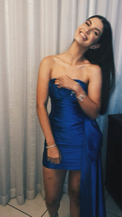 Simple Blue Strapless Satin Bodycon Mermaid Short Ball Gown Evening Dress TP2232