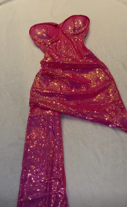 Shiny Bright Pink Strapless Sweetheart Neck Sequin Mermaid Short Ball Gown Evening Dress TP2234