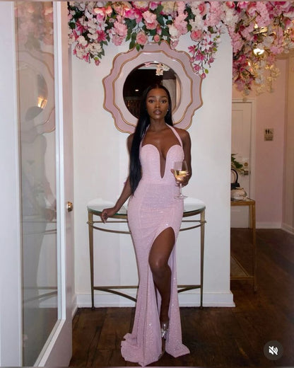 Sexy Pink Off Shoulder Sleeveless Slit Long Party Dress Prom Dress TP2237