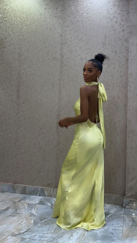 Chic Yellow High Neck Off Shoulder Sleeveless Long Ball Gown Evening Dress TP2244