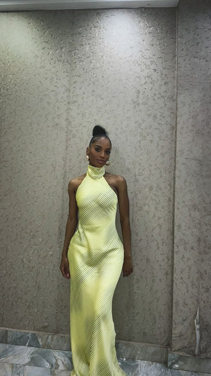 Chic Yellow High Neck Off Shoulder Sleeveless Long Ball Gown Evening Dress TP2244