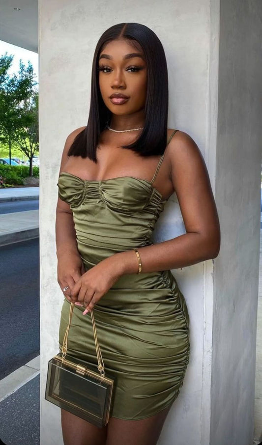 Green strap satin bodycon short mermaid ball gown evening dress TP2256