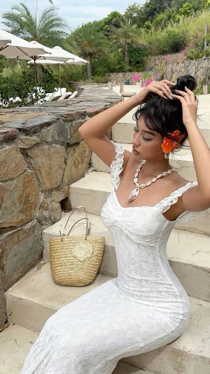 Vintage White Lace Off Shoulder Mermaid Long Ball Gown Evening Dress TP2261