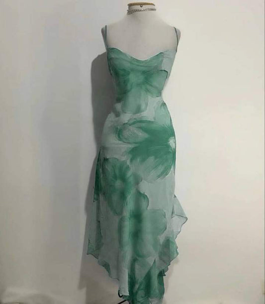 Elegant Printed Strap Chiffon Tea Long Ball Gown Evening Gown TP2263
