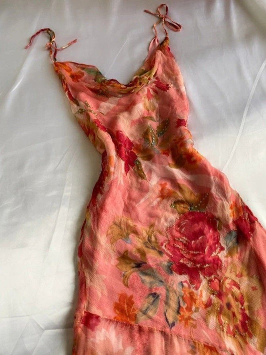 Vintage Print Spaghetti Strap Irregular Skirt Ball Gown Evening Dress TP2265