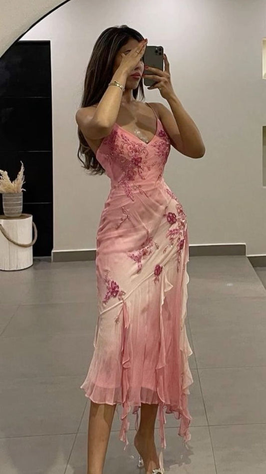 Pink Retro Print Spaghetti Strap V Neck Irregular Skirt Ball Gown Evening Dress TP2266
