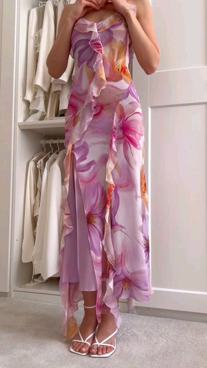 Elegant Purple Printed Spaghetti Strap Chiffon Slit Ball Gown Evening Dress TP2267