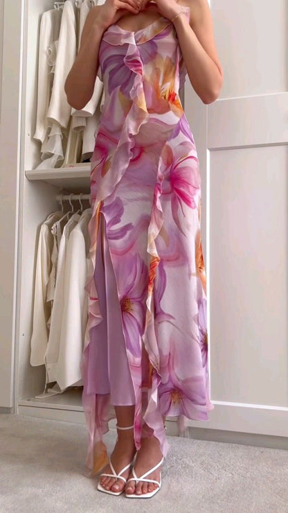 Elegant Purple Printed Spaghetti Strap Chiffon Slit Ball Gown Evening Dress TP2267