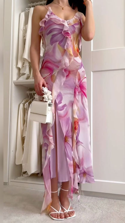 Elegant Purple Printed Spaghetti Strap Chiffon Slit Ball Gown Evening Dress TP2267