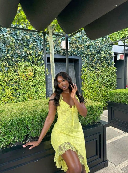 Gorgeous Yellow Strapless Lace High-Low Ball Gown Evening Dress TP2275