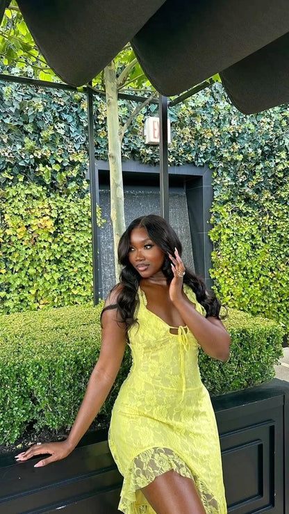 Gorgeous Yellow Strapless Lace High-Low Ball Gown Evening Dress TP2275