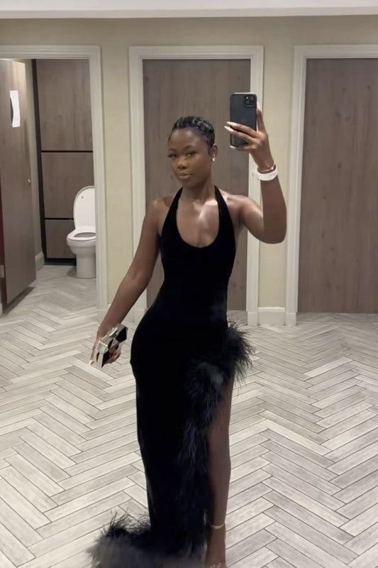 Sexy Black Velvet Halter Neck Side Slit Floor-Mounting Ball Gown Evening Dress TP2281