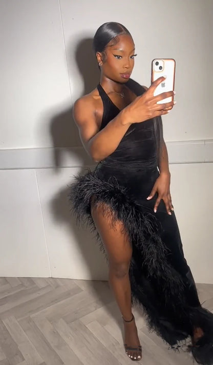 Sexy Black Velvet Halter Neck Side Slit Floor-Mounting Ball Gown Evening Dress TP2281