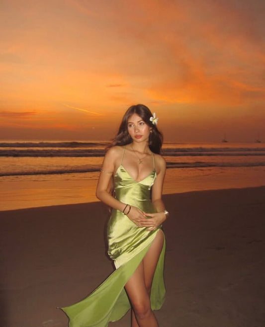 Spaghetti Strap Green Satin Slit Simple Ball Gown Evening Dress TP2282
