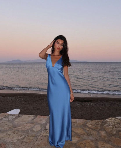 Mermaid V-neck Strap Sleeveless Blue Satin Simple Ball Gown Evening Dress TP2283