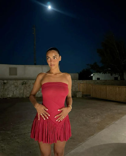 Strapless Burgundy Pleated Mini Ball Gown Evening Dress TP2284