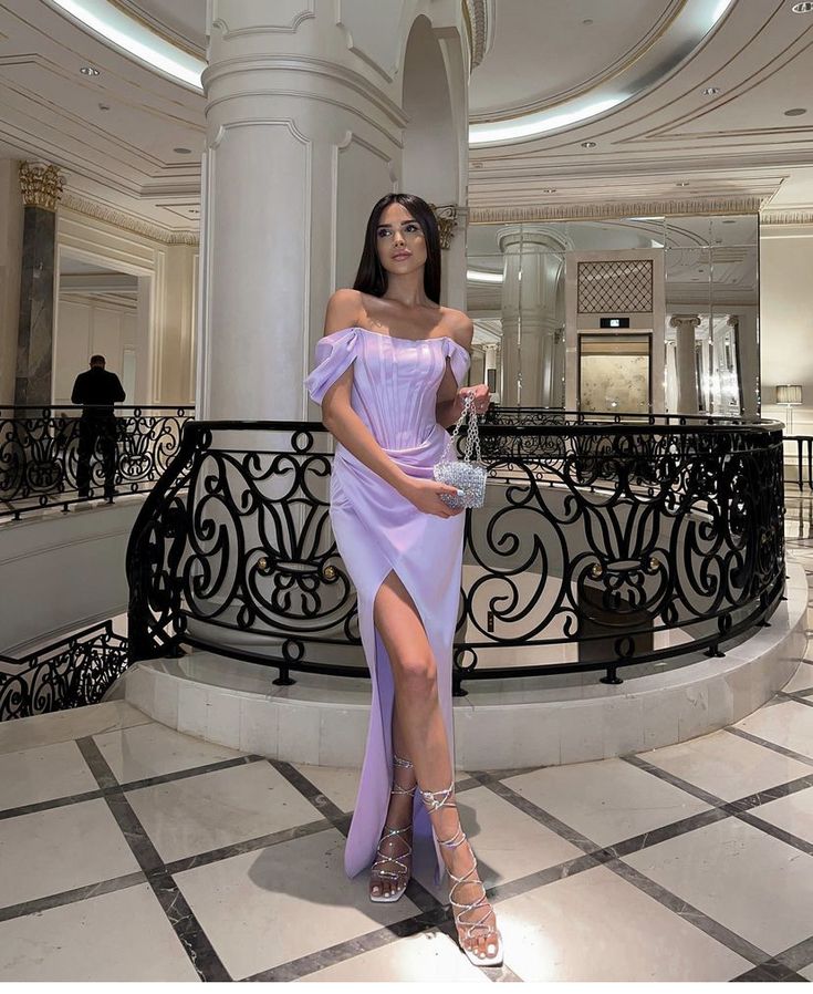 Elegant Purple Off Shoulder Satin Slit Formal Ball Gown Evening Gown TP2288